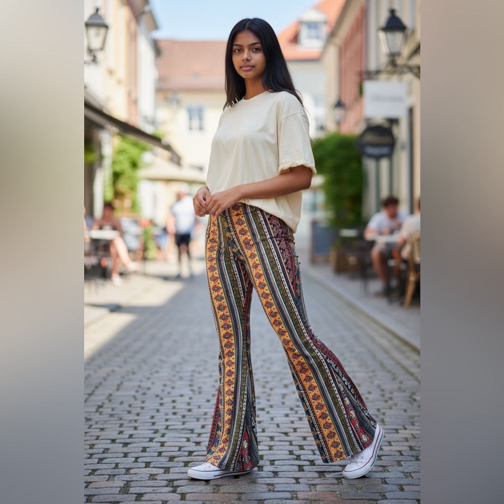 Boho Stripe Flare Festival Leggings- Blue Yellow Pattern Medium EUC